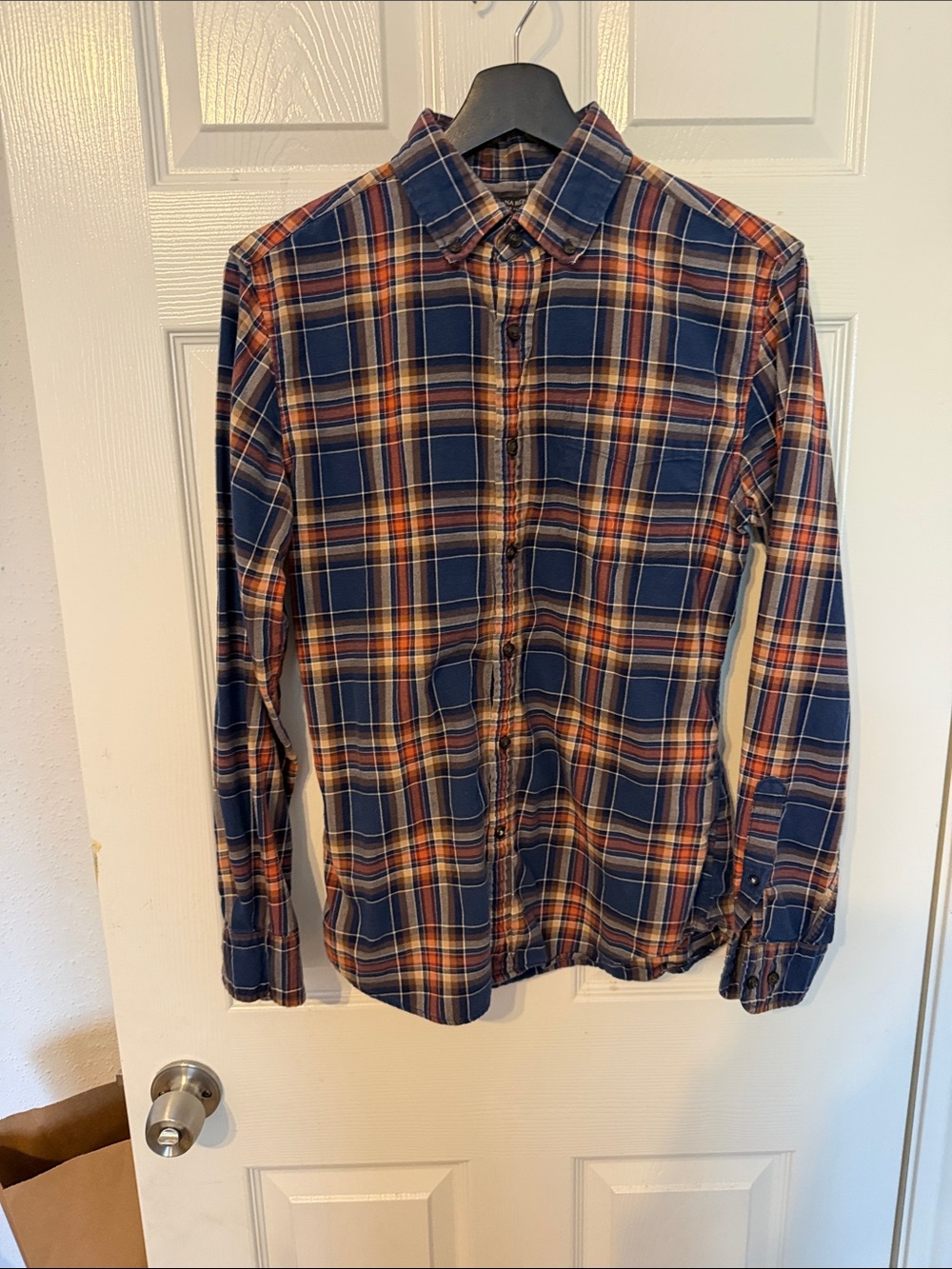 Men's Navy and Orange Plaid Button-Up Shirt